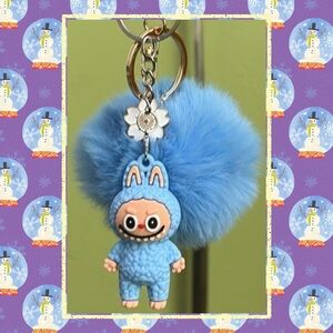 🧸 🆕 🧸 Labubu Blue Keychain Toy With Blue Pom Pom and Flower Charm#2